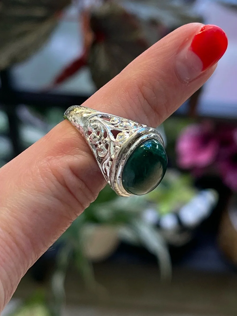 Sterling Silver Malachite Cabochon Estate Ring – Ornate Filigree – Size 6